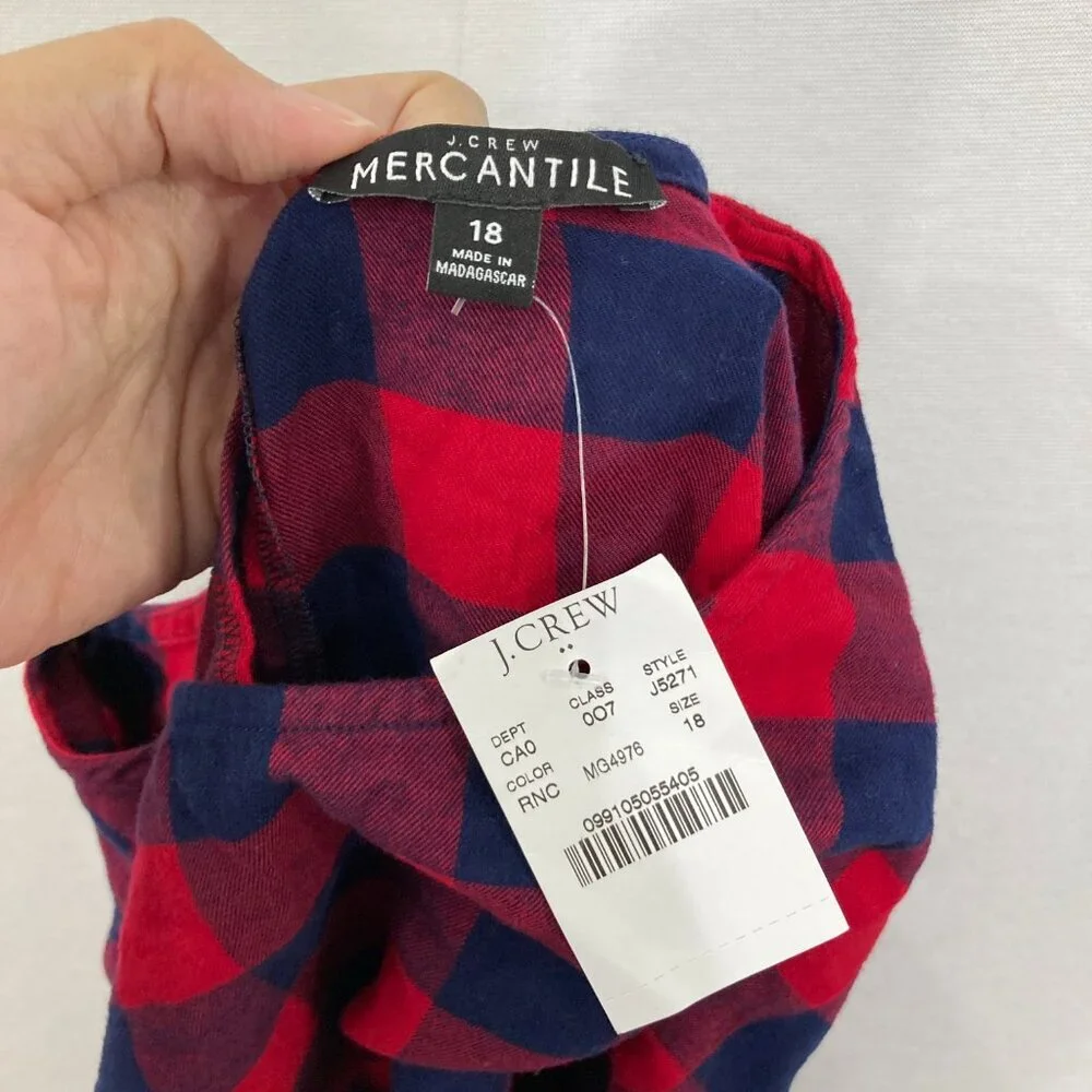 New J. Crew size 18 Blue Red Plaid Crew Neck Light Flannel Cotton Blouse‎ Preppy